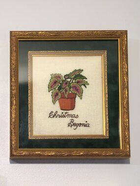 Needlepoint Fabric Art Ornate Gold Tone Frame Green Mat Vintage Plant Art